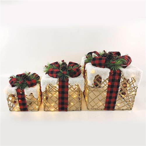 Aca Φωτιζόμενο Χριστουγεννιάτικο Υφασμάτινο Διακοσμητικό Κουτί Χρυσό Μπαταρίας 3τμχ Εξωτερικής Χρήσης X1190111