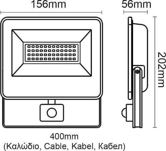 Aca Στεγανός Προβολέας IP66 Ισχύος 30W με Αισθητήρα Κίνησης και Αισθητήρα Φωτός και Ψυχρό Λευκό Φως Μαύρο V3060S