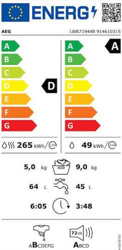 AEG LWR71944B ProSteam Πλυντήριο-Στεγνωτήριο Ρούχων 9kg/5kg Ατμού 1400 Στροφές