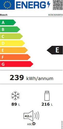 Bosch KGN36NWEA Ψυγειοκαταψύκτης 305lt Total NoFrost Υ186xΠ60xΒ66cm Λευκός