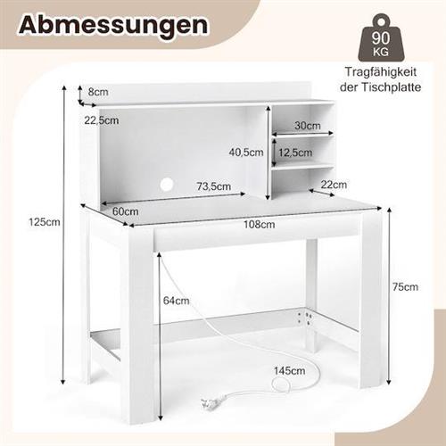 Costway Γραφείο Ξύλινο Λευκό με USB θύρες 108x60x125cm CB10973DE-WH