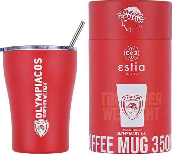 Estia Coffee Mug Olympiacos B.C. Ποτήρι Θερμός με Καλαμάκι Κόκκινο 350ml 00-13264