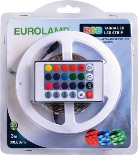 Eurolamp Ταινία LED Τροφοδοσίας 12V RGB Μήκους 3m και 30 LED ανά Μέτρο Σετ με Τηλεχειριστήριο και Τροφοδοτικό Τύπου SMD5050 147-70011