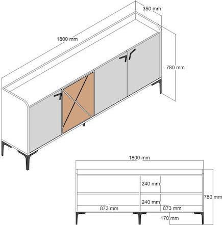 HomeMarkt Μπουφές από Ξύλο Καρυδί-Εφέ Λευκού Μαρμάρου 180x35x78cm HM9433.02