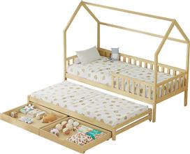 HomeMarkt Phyllis Παιδικό Κρεβάτι Montessori Κουκέτα Μονό με Αποθηκευτικό Χώρο & Συρόμενο Κρεβάτι Μπεζ για Στρώμα 90x200cm HM723.01