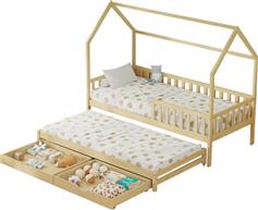 HomeMarkt Phyllis Παιδικό Κρεβάτι Montessori Κουκέτα Μονό με Αποθηκευτικό Χώρο & Συρόμενο Κρεβάτι Μπεζ για Στρώμα 90x200cm HM723.01