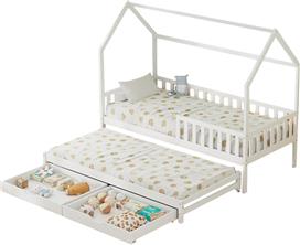 HomeMarkt Phyllis Παιδικό Κρεβάτι Montessori Κουκέτα Μονό με Αποθηκευτικό Χώρο & Συρόμενο Κρεβάτι Λευκό για Στρώμα 90x200cm HM723.03