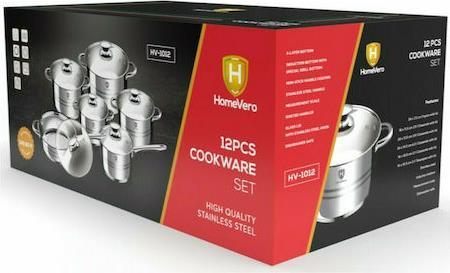HomeVero HV-1012 Σετ Μαγειρικά Σκεύη από Ανοξείδωτο Ατσάλι Ασημί 12τμχ