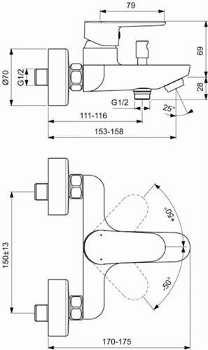 Ideal Standard Cerafine-O Αναμεικτική Μπαταρία Μπανιέρας Ασημί BC500AA
