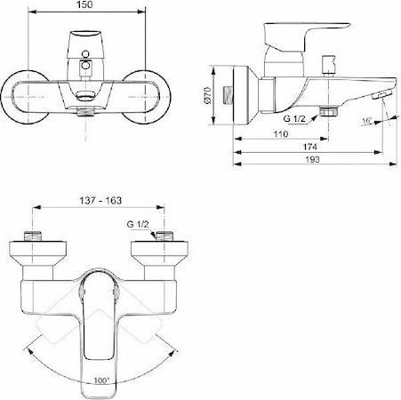 Ideal Standard Connect Air Αναμεικτική Μπαταρία Μπανιέρας Χρυσή A7033A2