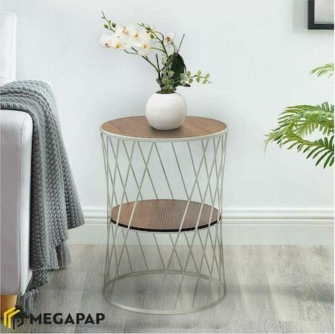 Megapap Jaspin Στρογγυλό Βοηθητικό Τραπεζάκι Ξύλινο Λευκό-Καρυδί Μ32xΠ32xΥ44cm 0127707