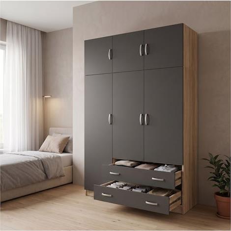 Pakketo Alvia Τρίφυλλη Ντουλάπα με Πατάρι Ανθρακί 150x51x240cm 200-002083