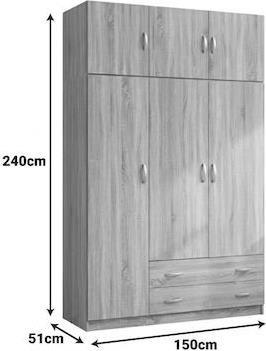 Pakketo Alvia Τρίφυλλη Ντουλάπα με Πατάρι Sonoma 150x51x240cm 200-002081