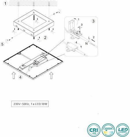 Reality Alpha Τετράγωνο Χωνευτό LED Panel Ισχύος 18W με Θερμό Λευκό Φως Μ45cm R62324532