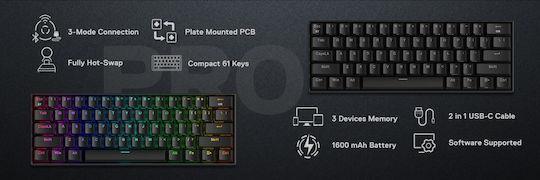 Redragon K530 Draconic Pro Ασύρματο Gaming Μηχανικό Πληκτρολόγιο 60% με Custom Brown διακόπτες και RGB φωτισμό International English 28.01.0084