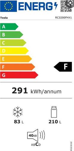 Tesla RC3200FHX1 Ψυγειοκαταψύκτης 293lt Total NoFrost Υ185xΠ60xΒ60cm Inox
