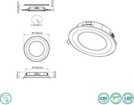 Trio Lighting Core Στρογγυλό Πλαστικό Χωνευτό Σποτ με Ενσωματωμένο LED και Θερμό Λευκό Φως 10W Ασημί 14.8x2cm
