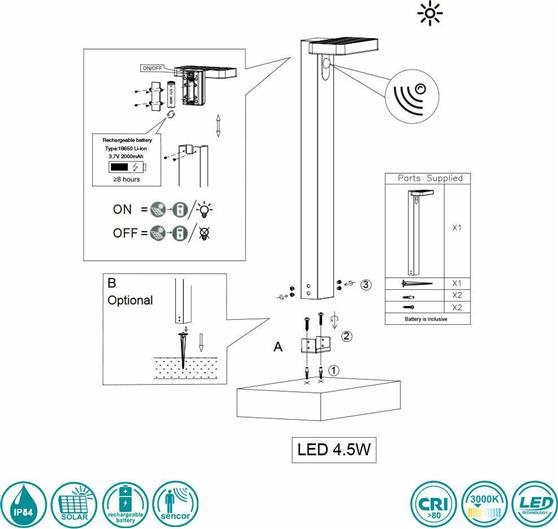 Trio Lighting Esquel Καρφωτό Ηλιακό Φωτιστικό IP44 με Αισθητήρα Φωτός και Θερμό Λευκό Φως Μαύρο R42261142