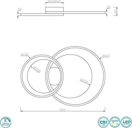 Trio Lighting Granada Μοντέρνα Μεταλλική Πλαφονιέρα Οροφής με Ενσωματωμένο LED Ασημί 85cm