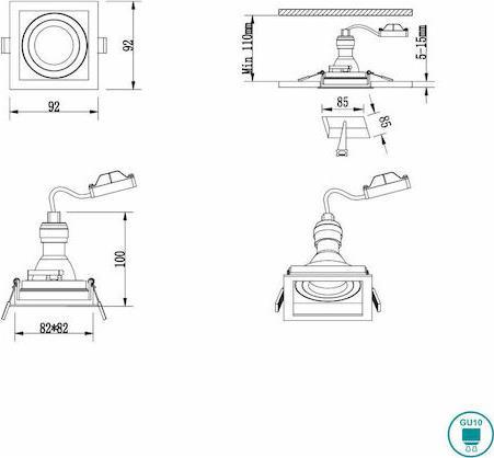 Trio Lighting Kenai Τετράγωνο Μεταλλικό Χωνευτό Σποτ με Ντουί GU10 Κινούμενο Λευκό 9.2x9.2cm