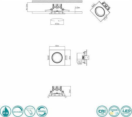 Trio Lighting Pamir Τετράγωνο Μεταλλικό Χωνευτό Σποτ με Ενσωματωμένο LED και Θερμό Λευκό Φως Ασημί 8.5x8.5cm 650410106