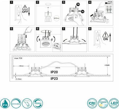 Trio Lighting Pamir Τετράγωνο Μεταλλικό Χωνευτό Σποτ με Ενσωματωμένο LED και Θερμό Λευκό Φως Ασημί 8.5x8.5cm 650410106