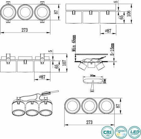 Trio Lighting Taurus Τριπλό Σποτ με Ενσωματωμένο LED και Θερμό Φως Μαύρο